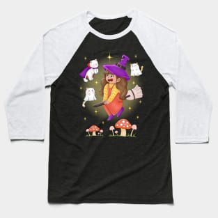 Cute Girl Flying With Cat Dracula And Ghosts Baseball T-Shirt